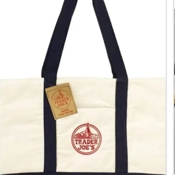 FLASJ SALE-NWT- Navy And Cream Trader Joe's Canvas Tote Bag - Picture 2 of 2